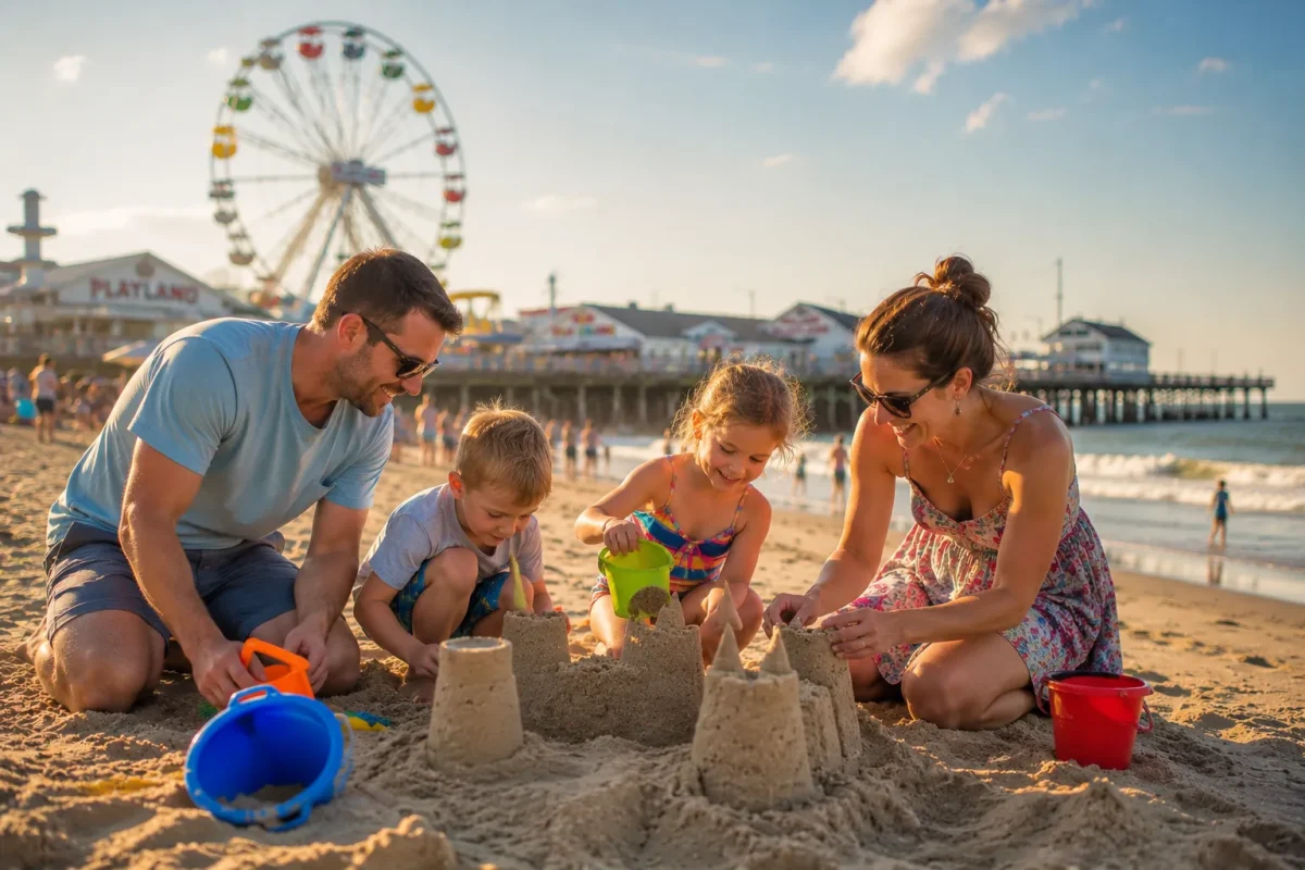 A happy family with two kids building a sandcastle on Old Orchard Beach in Maine with the Palace Playland Ferris wheel and ocean visible in the background on a sunny summer day
