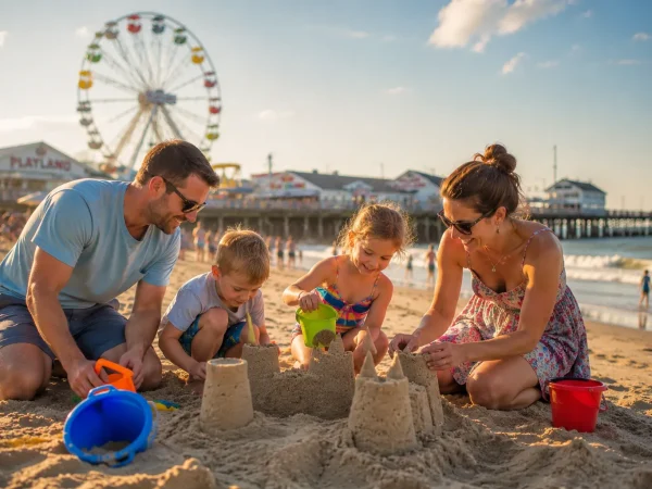 A happy family with two kids building a sandcastle on Old Orchard Beach in Maine with the Palace Playland Ferris wheel and ocean visible in the background on a sunny summer day