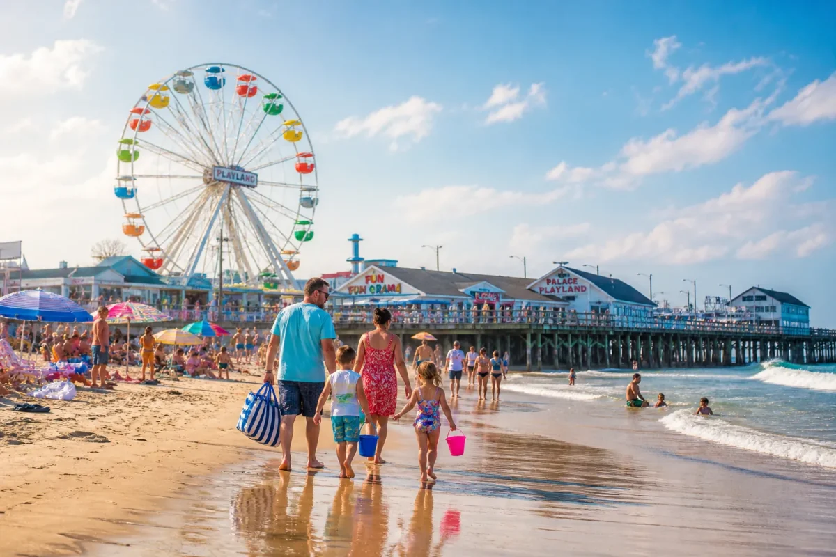 Families walking along Old Orchard Beach in Maine with the Palace Playland Ferris wheel and historic wooden pier in the background on a sunny summer afternoon