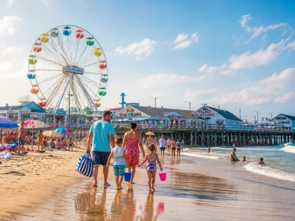 Families walking along Old Orchard Beach in Maine with the Palace Playland Ferris wheel and historic wooden pier in the background on a sunny summer afternoon