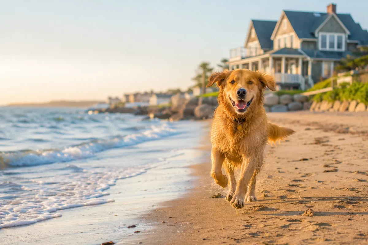 A happy golden retriever running on the sandy shore of Old Orchard Beach in Maine on a sunny summer morning, with the Atlantic Ocean and a charming pet-friendly cottage in the background