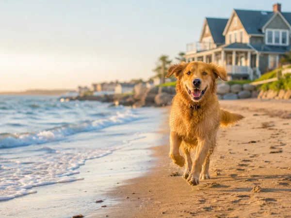 A happy golden retriever running on the sandy shore of Old Orchard Beach in Maine on a sunny summer morning, with the Atlantic Ocean and a charming pet-friendly cottage in the background