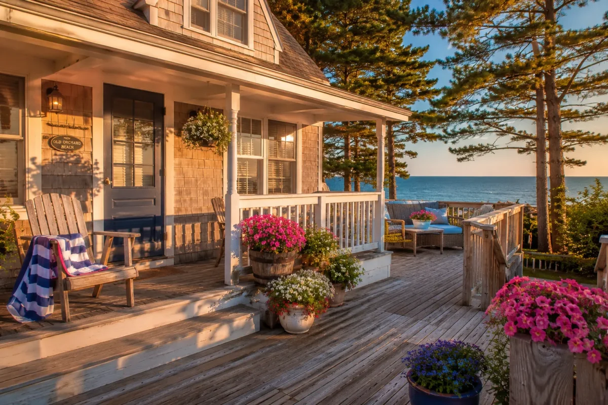 Cozy beachfront vacation cottage in Old Orchard Beach Maine with a wooden deck, summer flowers, and the Atlantic Ocean visible in the background