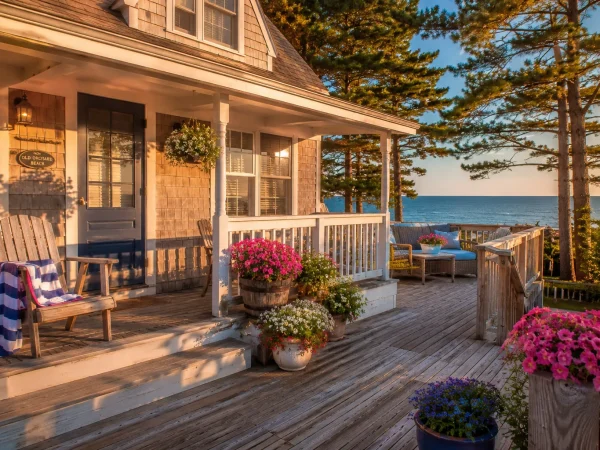 Cozy beachfront vacation cottage in Old Orchard Beach Maine with a wooden deck, summer flowers, and the Atlantic Ocean visible in the background